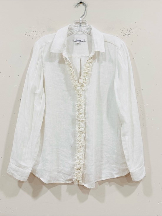 Chico's Tops - Chico's White 100% Linen Flower Embellished Ruffle Blouse Shirt Top Size 0 US 4